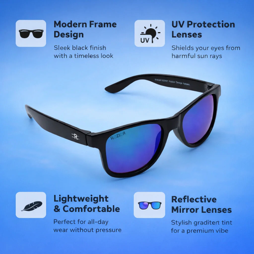Close-up of ROZIOR kids sunglasses highlighting green mirror UV400 lenses and a stylish black frame.