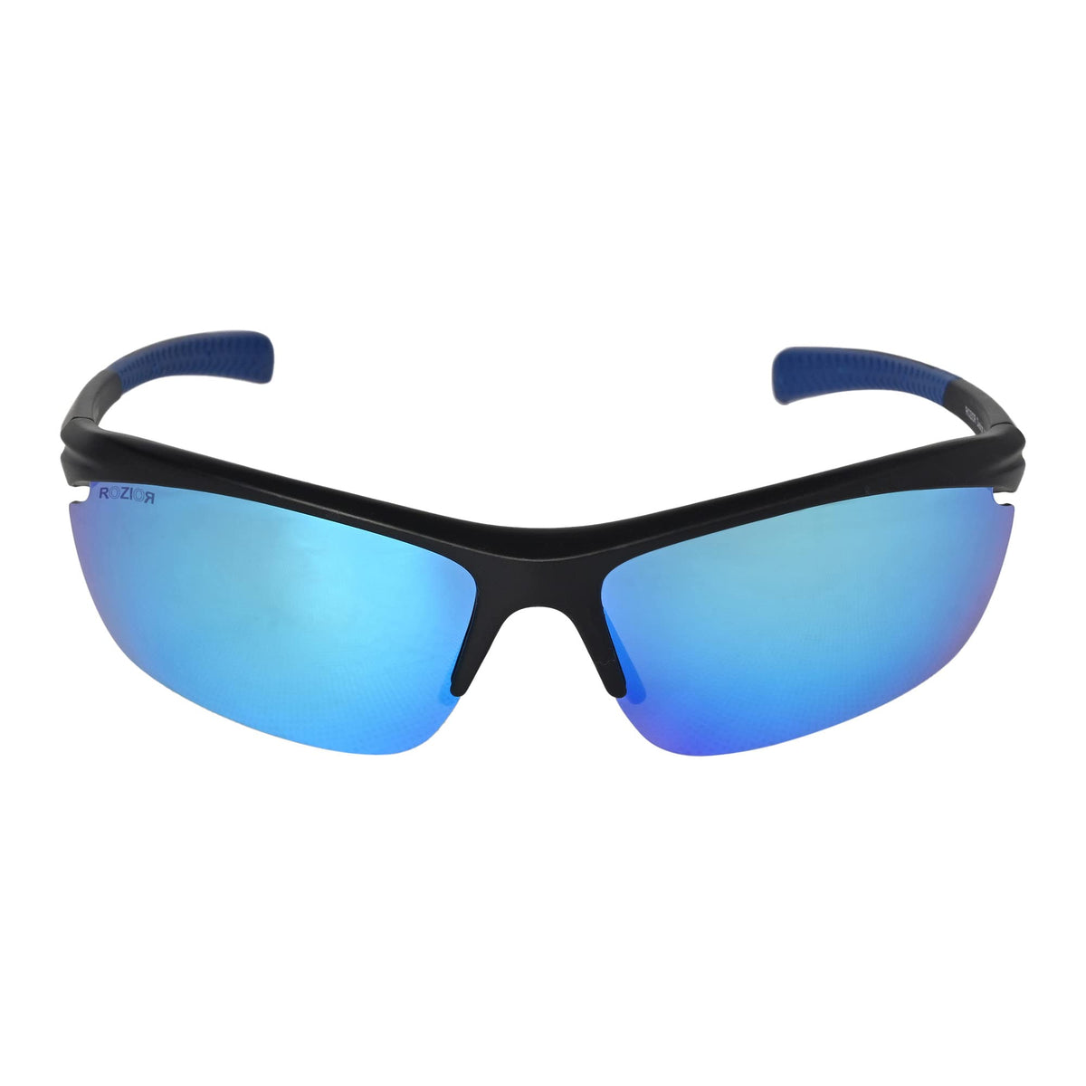 Angled view of ROZIOR polarized sunglasses with ice blue lens and premium black frame