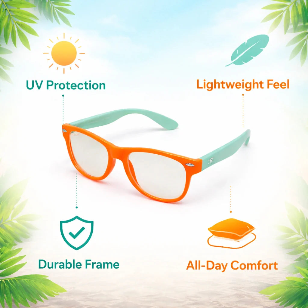 Angled view of ROZIOR anti-glare computer glasses for kids designed to reduce blue light from digital screens.
