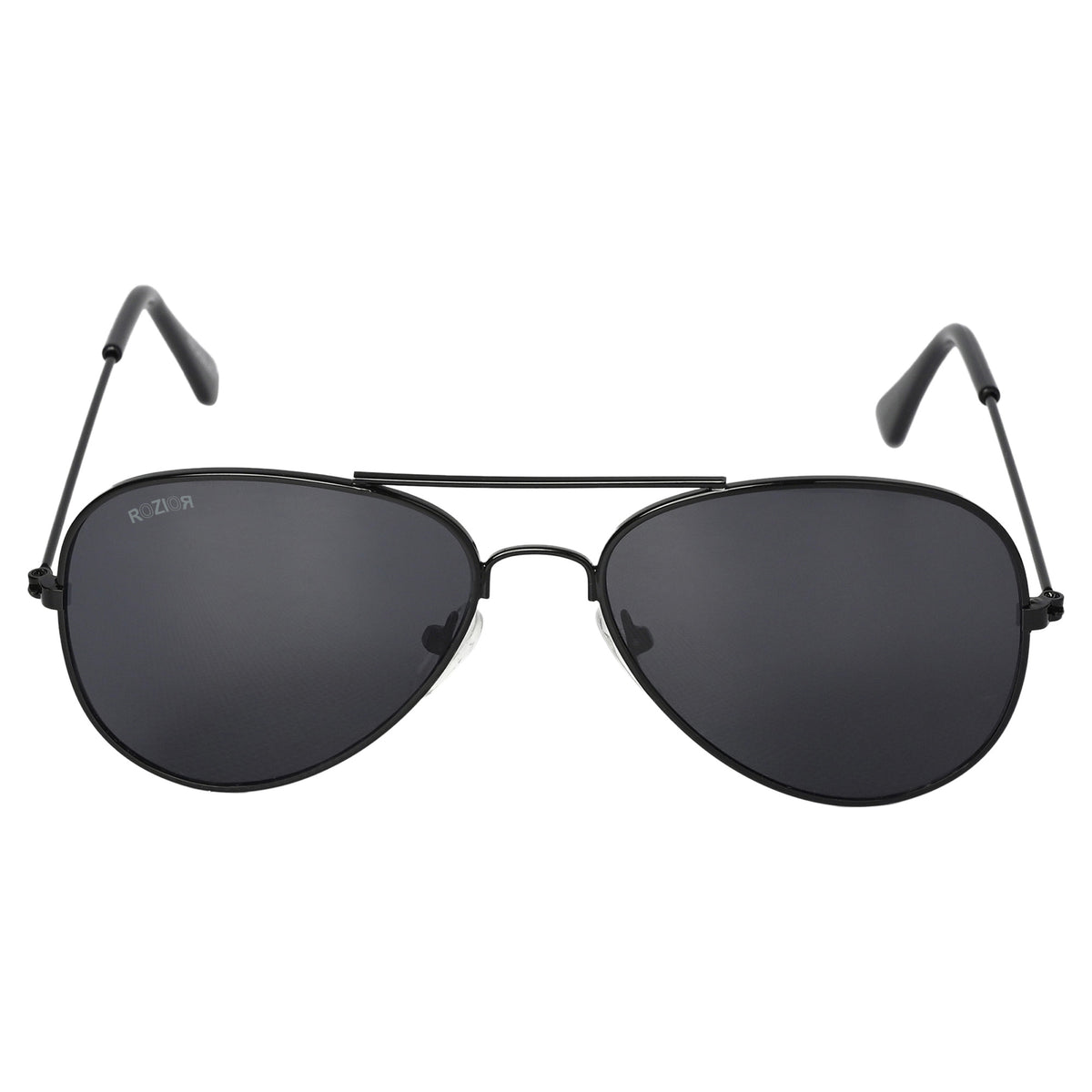 Front view of ROZIOR kids aviator sunglasses with black smoke lens and UV400 protection for boys and girls