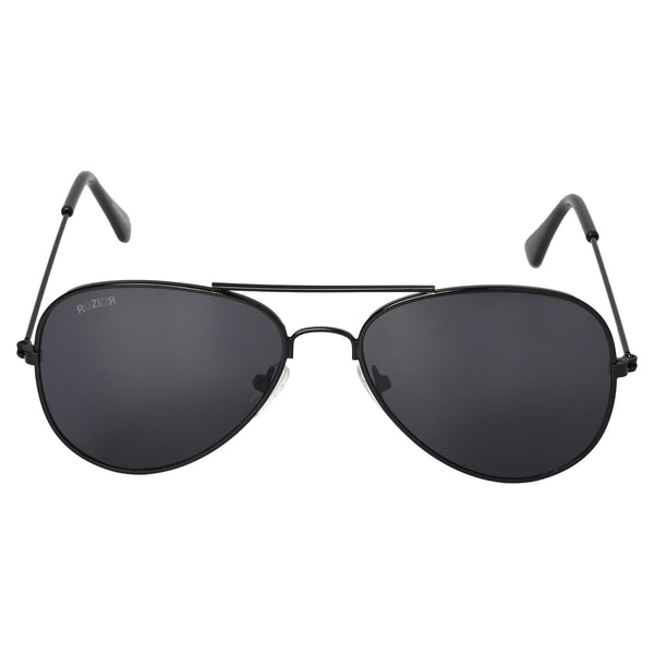 Front view of ROZIOR kids aviator sunglasses with black smoke lens and UV400 protection for boys and girls