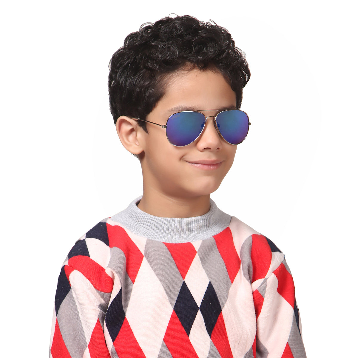 Close-up of ROZIOR kids aviator sunglasses with blue mirror UV400 lenses and premium finish