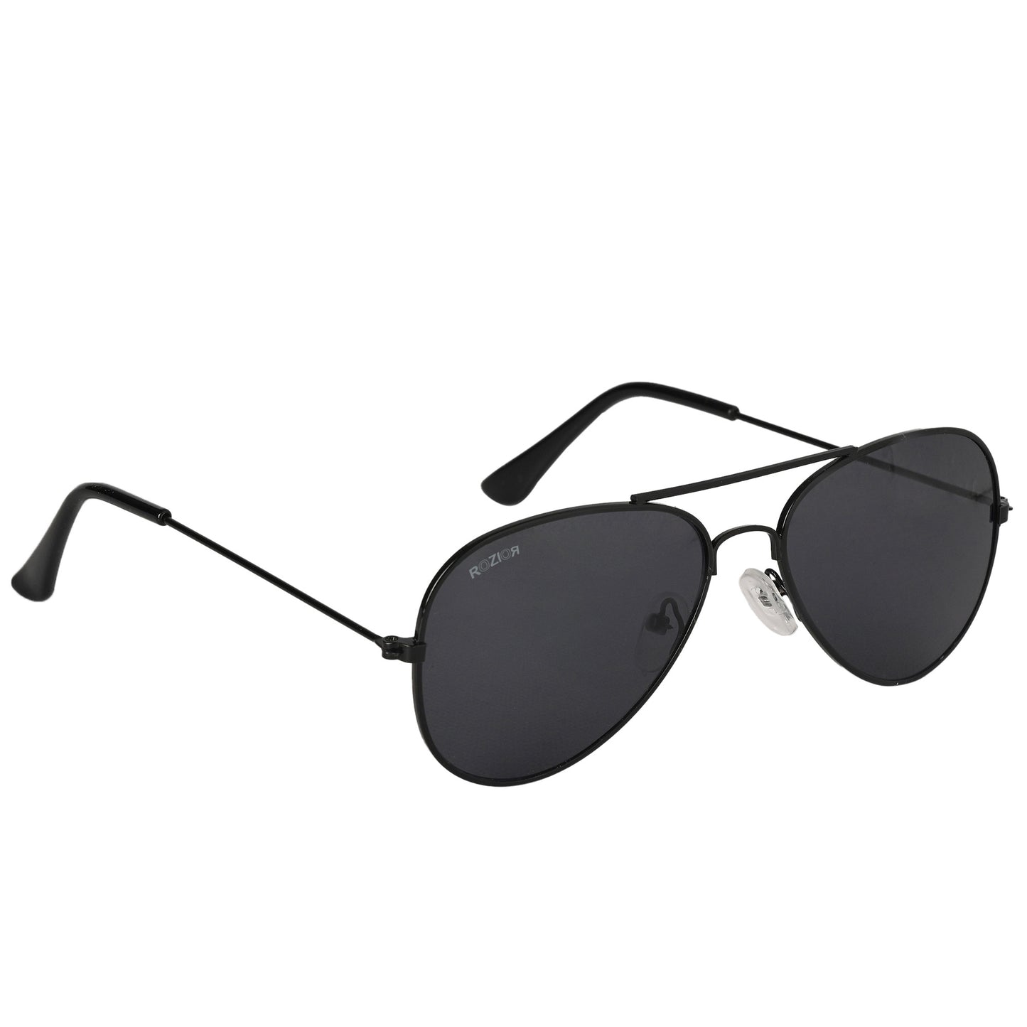 Child wearing ROZIOR black smoke aviator sunglasses while enjoying outdoor activities in sunlight
