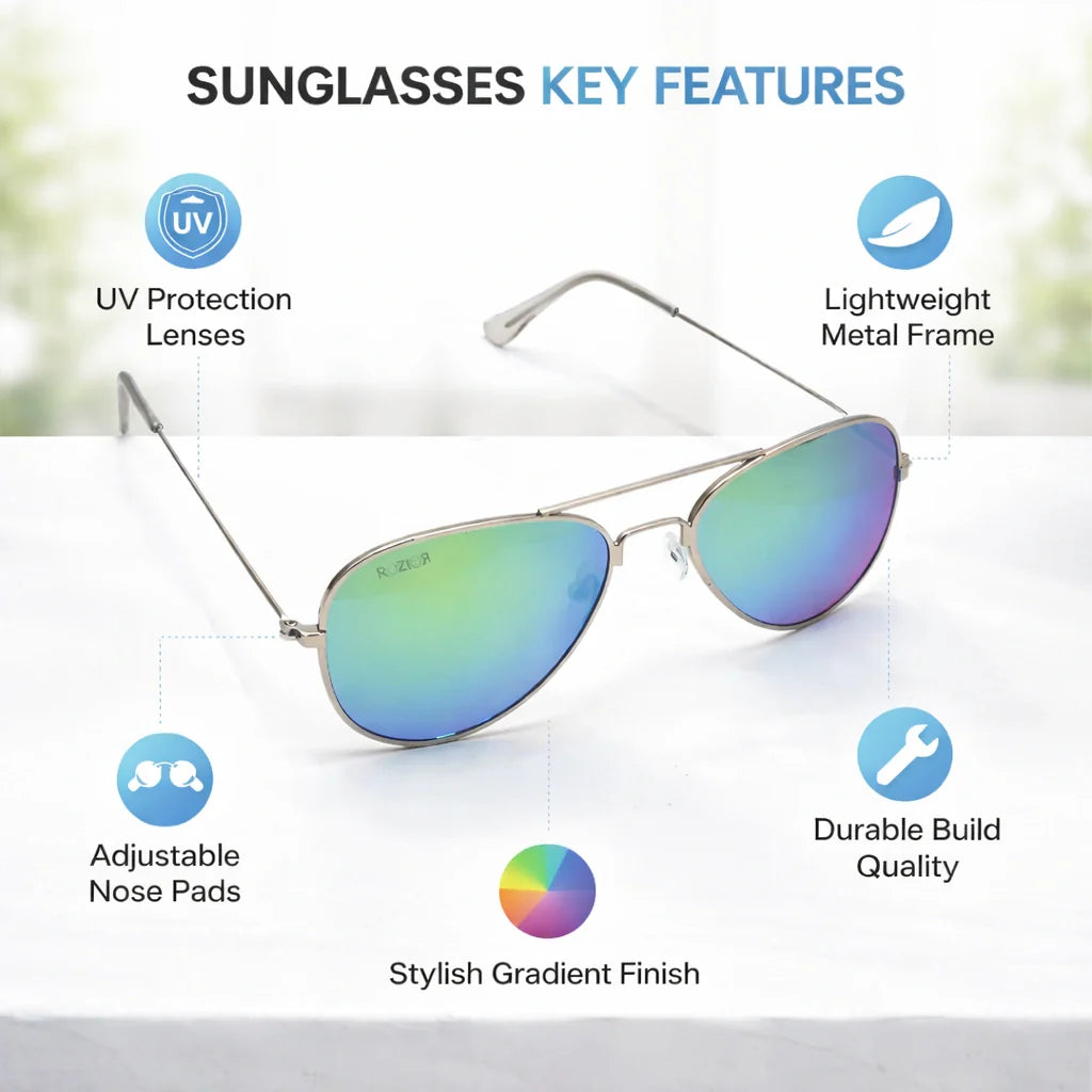 ROZIOR lightweight metal frame aviator sunglasses for kids with UV400 protection and mirrored lenses.