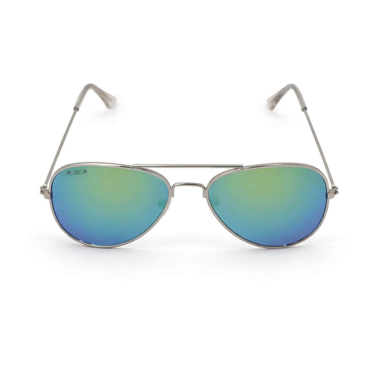 ROZIOR Kids Aviator UV400 sunglasses front view with mirrored blue-green lenses for boys and girls aged 4–12 years.