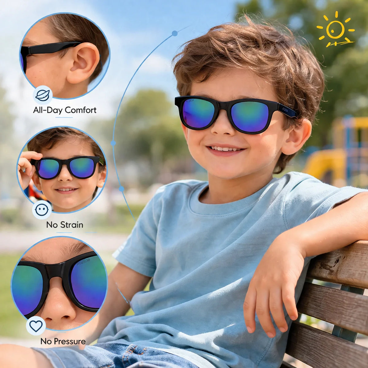 Side profile of ROZIOR kids UV400 sunglasses with a durable black frame and green mirrored lenses.