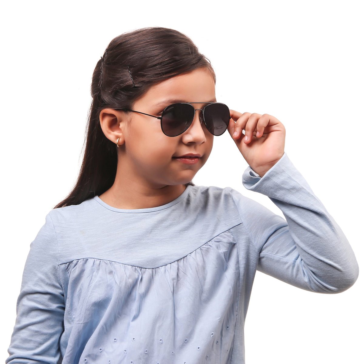 Close-up of ROZIOR kids aviator sunglasses with black smoke UV400 lenses and premium metal frame