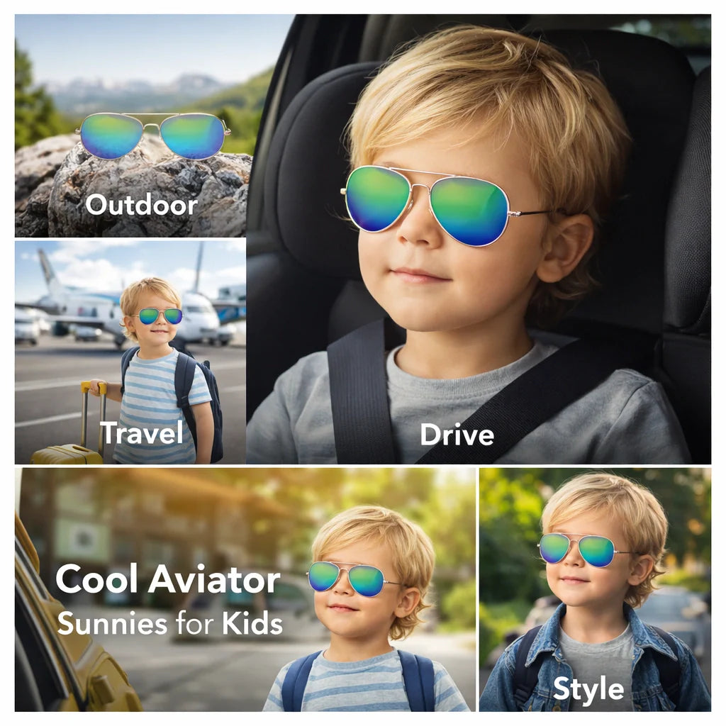 Stylish ROZIOR aviator sunglasses for boys and girls with UV400 protection and premium mirrored blue-green lenses.