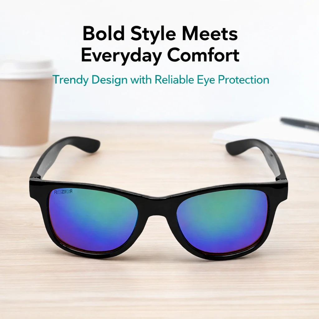 Angled view of ROZIOR kids sunglasses featuring green mirror lenses and a lightweight black frame.
