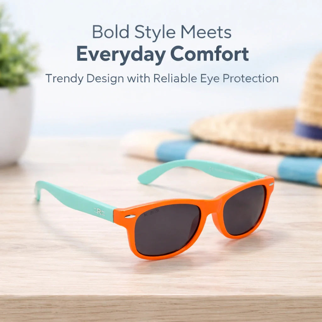 ROZIOR kids sunglasses with vibrant orange frame and smoke black polarized lenses for superior sun protection.