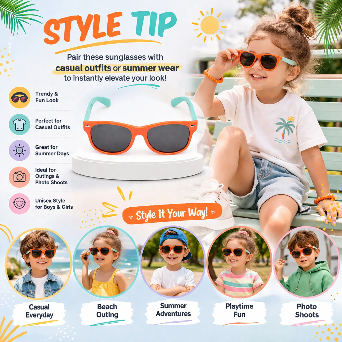 ROZIOR kids UV protection sunglasses designed for outdoor sports, travel, beach, and everyday activities.