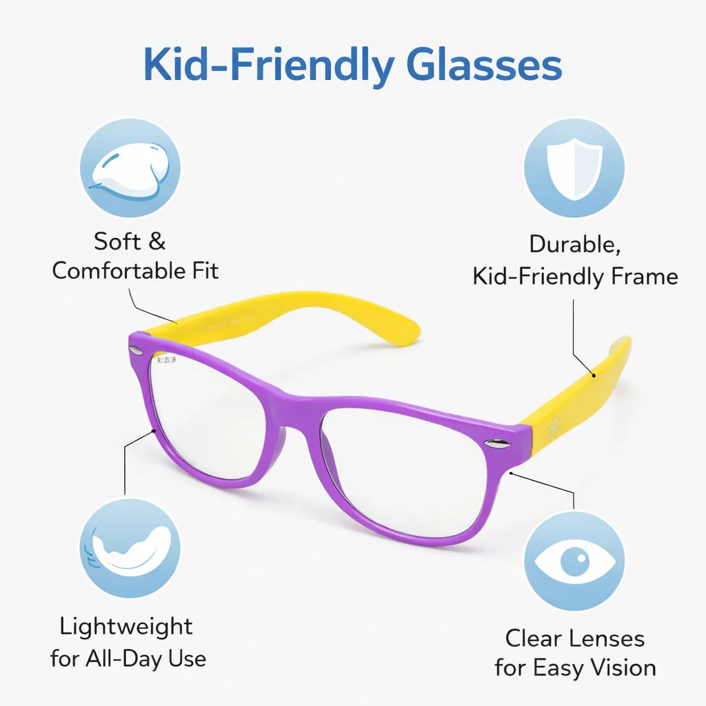 Kids screen protection glasses with blue light filter for comfortable online learning, gaming and everyday screen use.