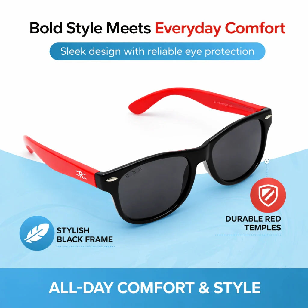 Angled view of ROZIOR kids sport sunglasses with black frame and red temples for outdoor activities
