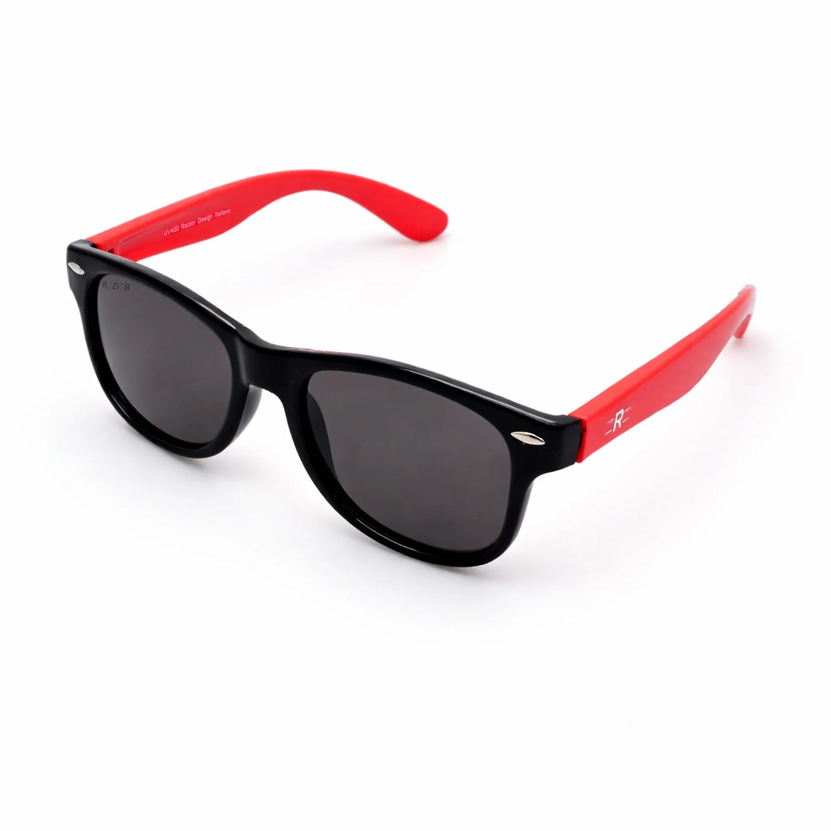 ROZIOR kids sunglasses with black frame and red temples featuring UV400 protection front view