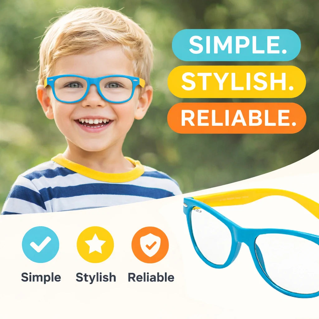 ROZIOR kids sunglasses with blue frame and yellow temples featuring UV400 protection front view
