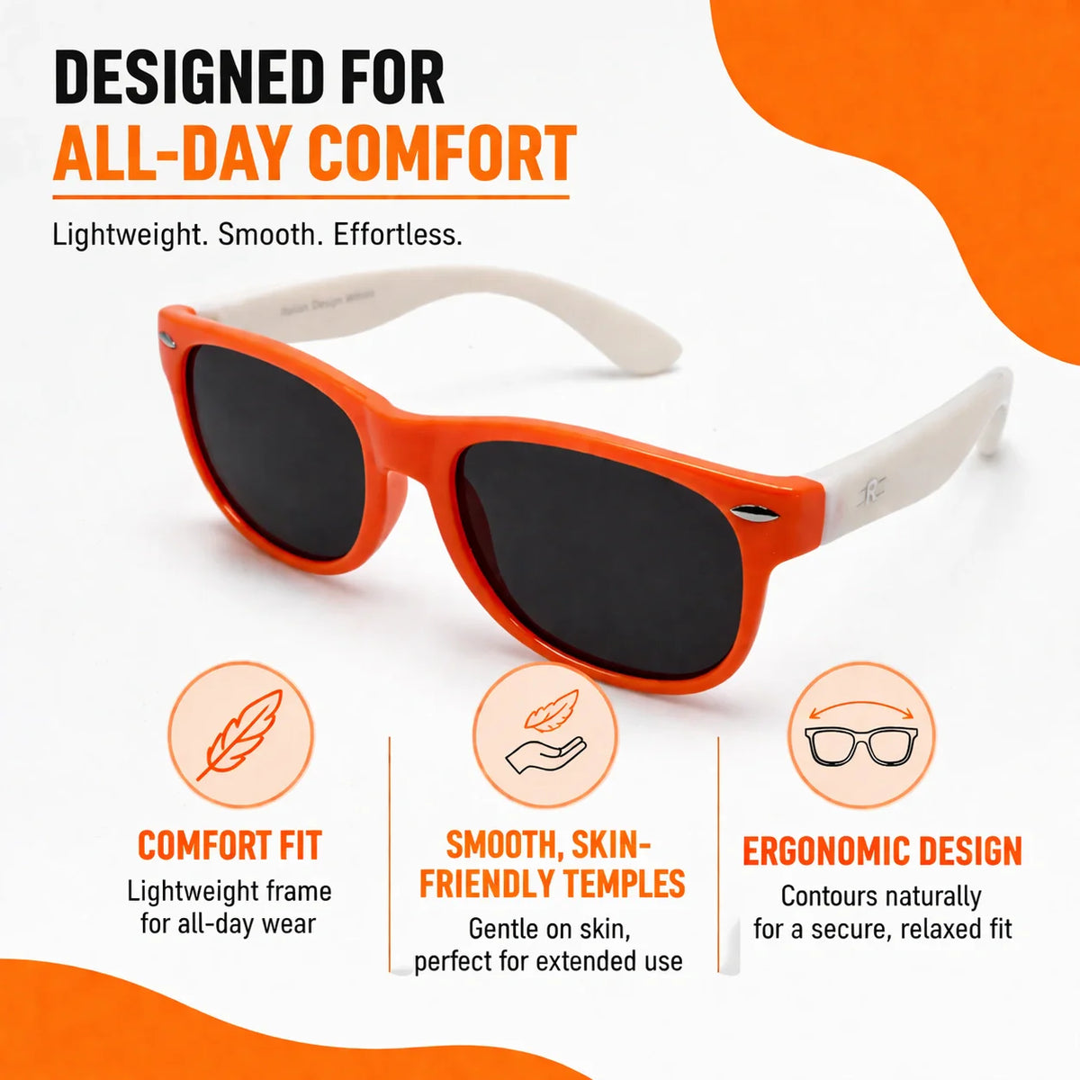 ROZIOR lightweight kids sunglasses with UV400 protection for boys and girls in orange and white design.