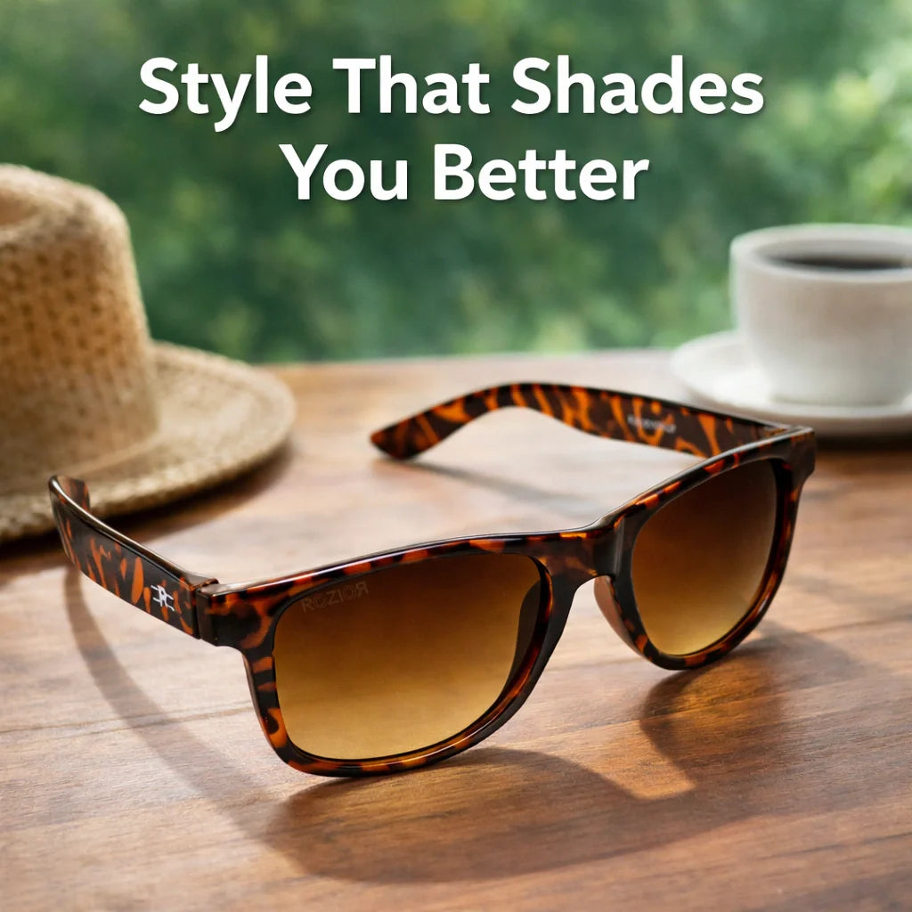 Angled view of ROZIOR kids sunglasses with lightweight comfortable frame and premium tortoiseshell brown finish