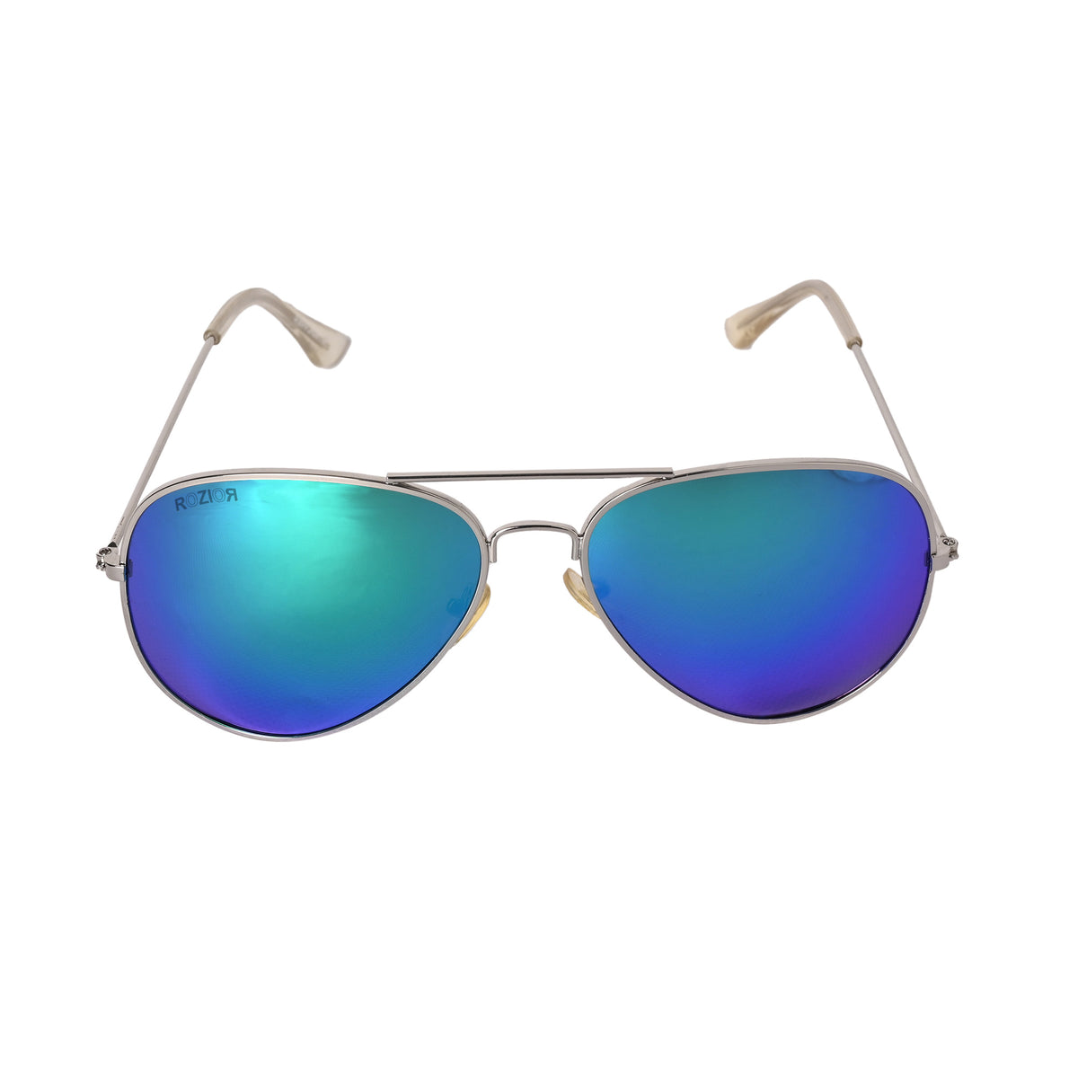 Angled view of ROZIOR kids UV400 aviator sunglasses with lightweight metal frame