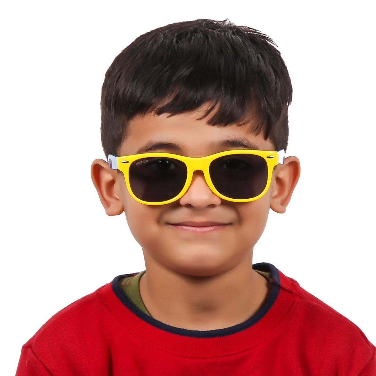 Close-up of ROZIOR kids UV400 sunglasses with durable frame and stylish yellow blue design