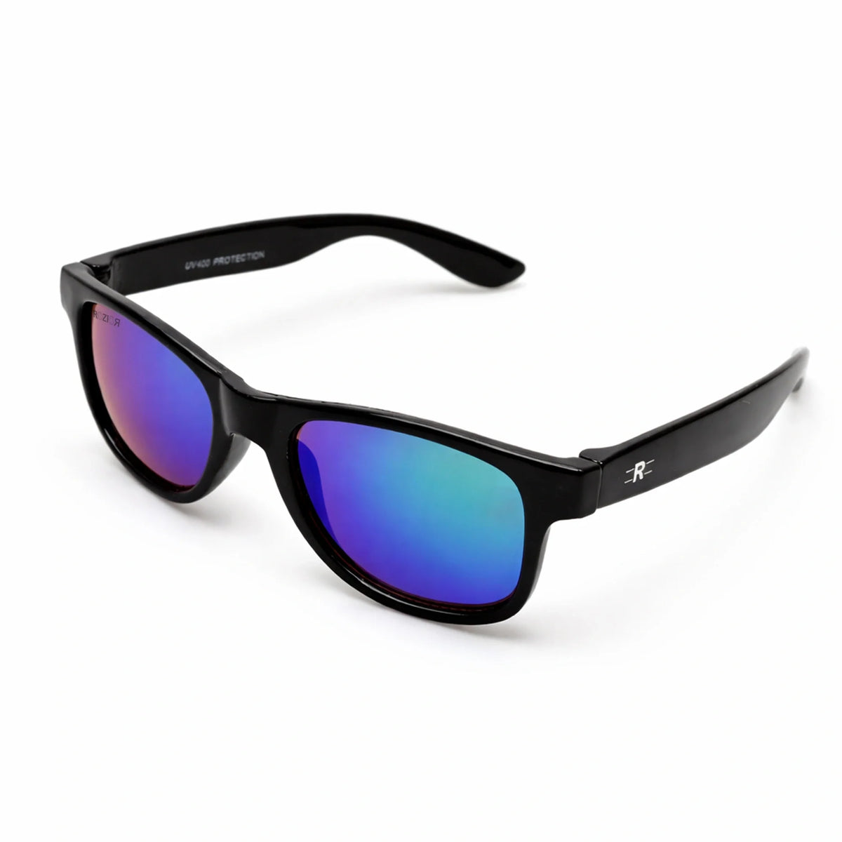 Front view of ROZIOR kids UV400 sunglasses with green mirror lenses and a black frame for outdoor eye protection.