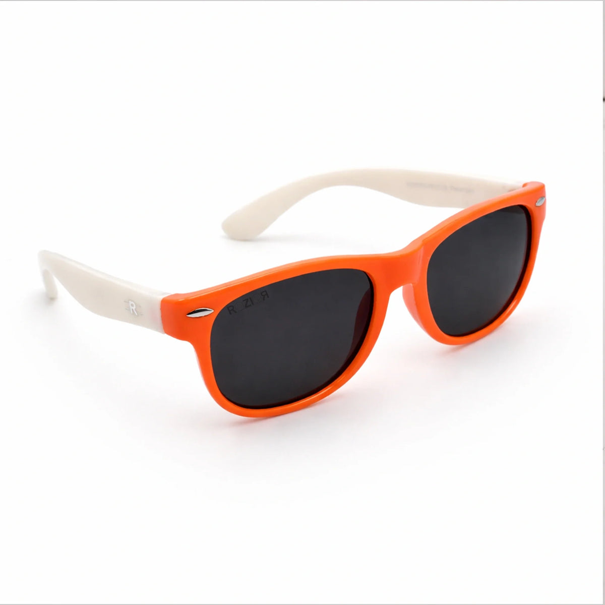 ROZIOR Kids UV400 sunglasses front view for boys and girls aged 4–12 years with stylish orange and white frame.