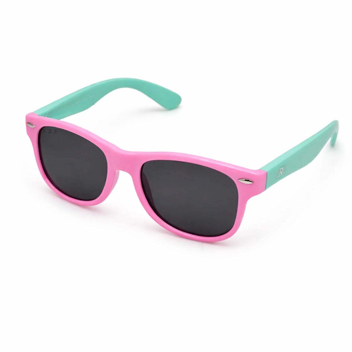 ROZIOR Kids UV400 sunglasses front view for girls and boys aged 4–12 years in stylish pink and mint green.