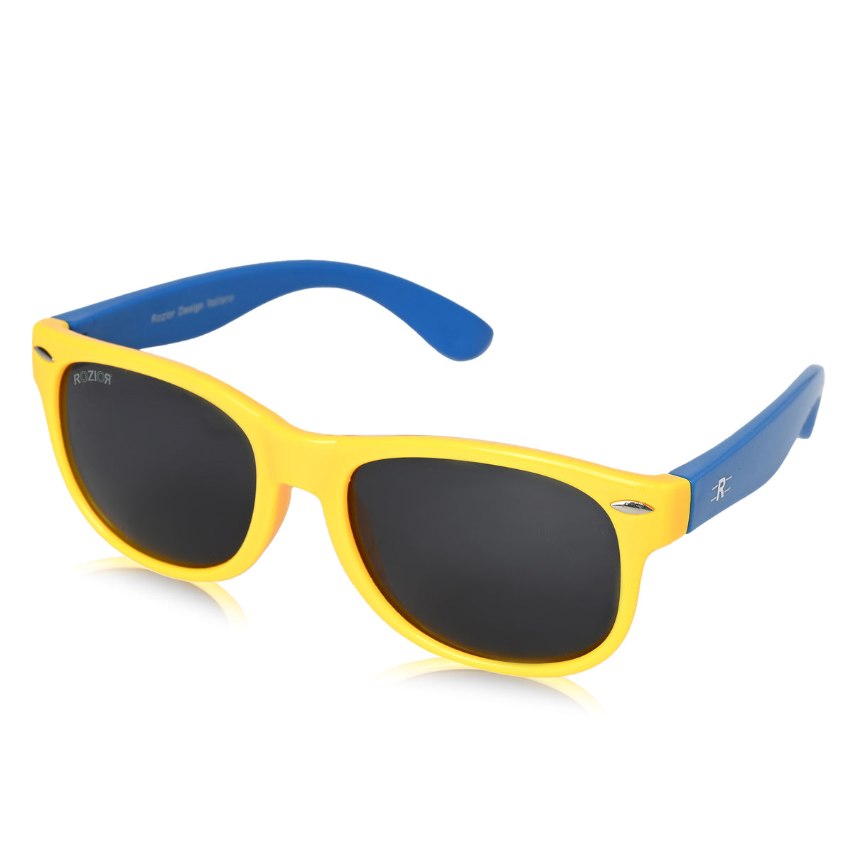 Front view of ROZIOR kids sunglasses with UV400 protection in yellow and blue for boys and girls
