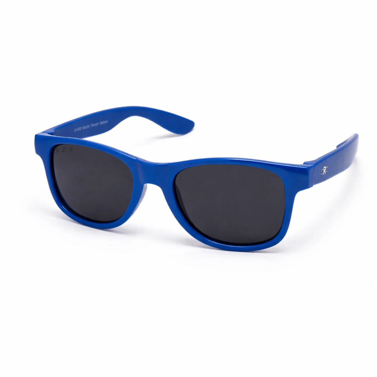 ROZIOR kids Wayfarer sunglasses with blue frame and black lenses featuring UV protection front view
