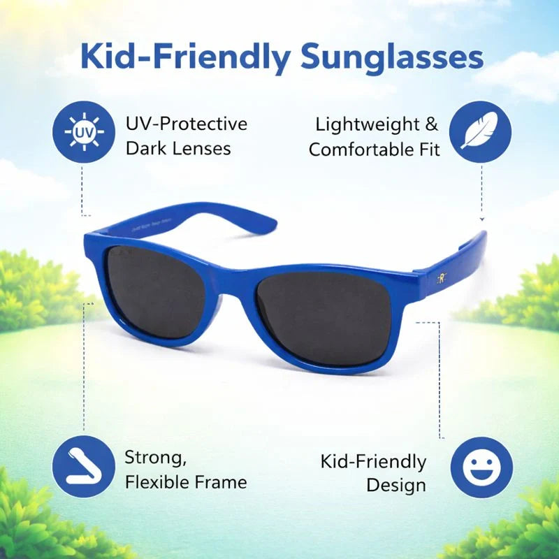 Angled view of ROZIOR kids Wayfarer sunglasses with stylish blue frame and black UV lenses