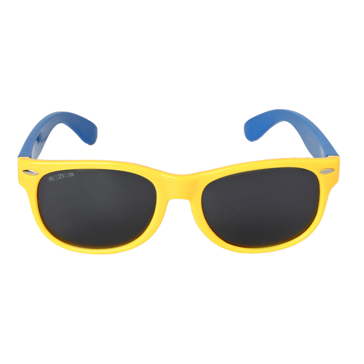 Angled view of ROZIOR kids sunglasses with lightweight yellow and blue frame for ages 4–12