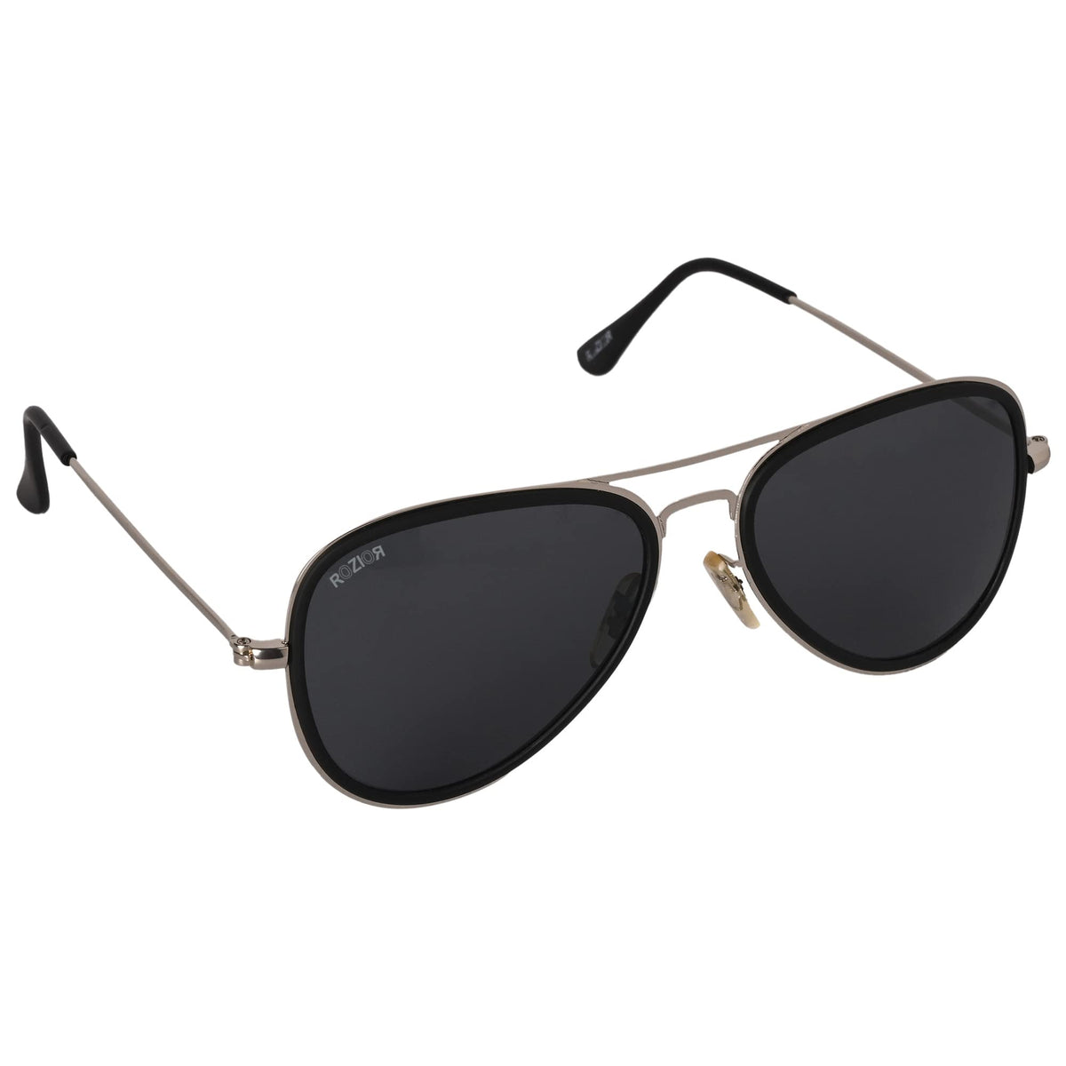 Lightweight ROZIOR aviator UV400 sunglasses with black frame and black lenses designed for driving, travel, and outdoor use
