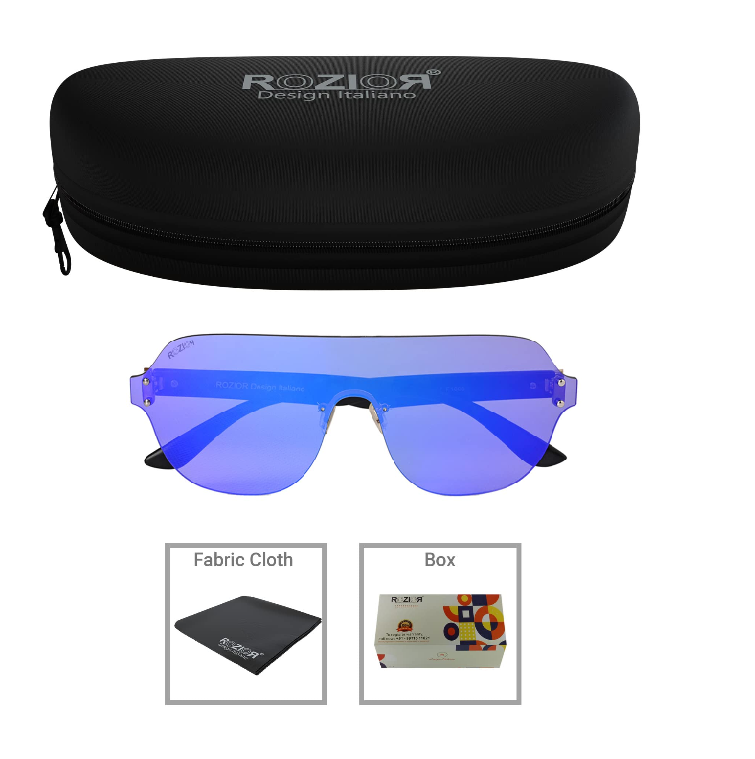 Lightweight ROZIOR unisex sunglasses featuring a durable black frame and blue mirror UV400 lenses for all-day comfort