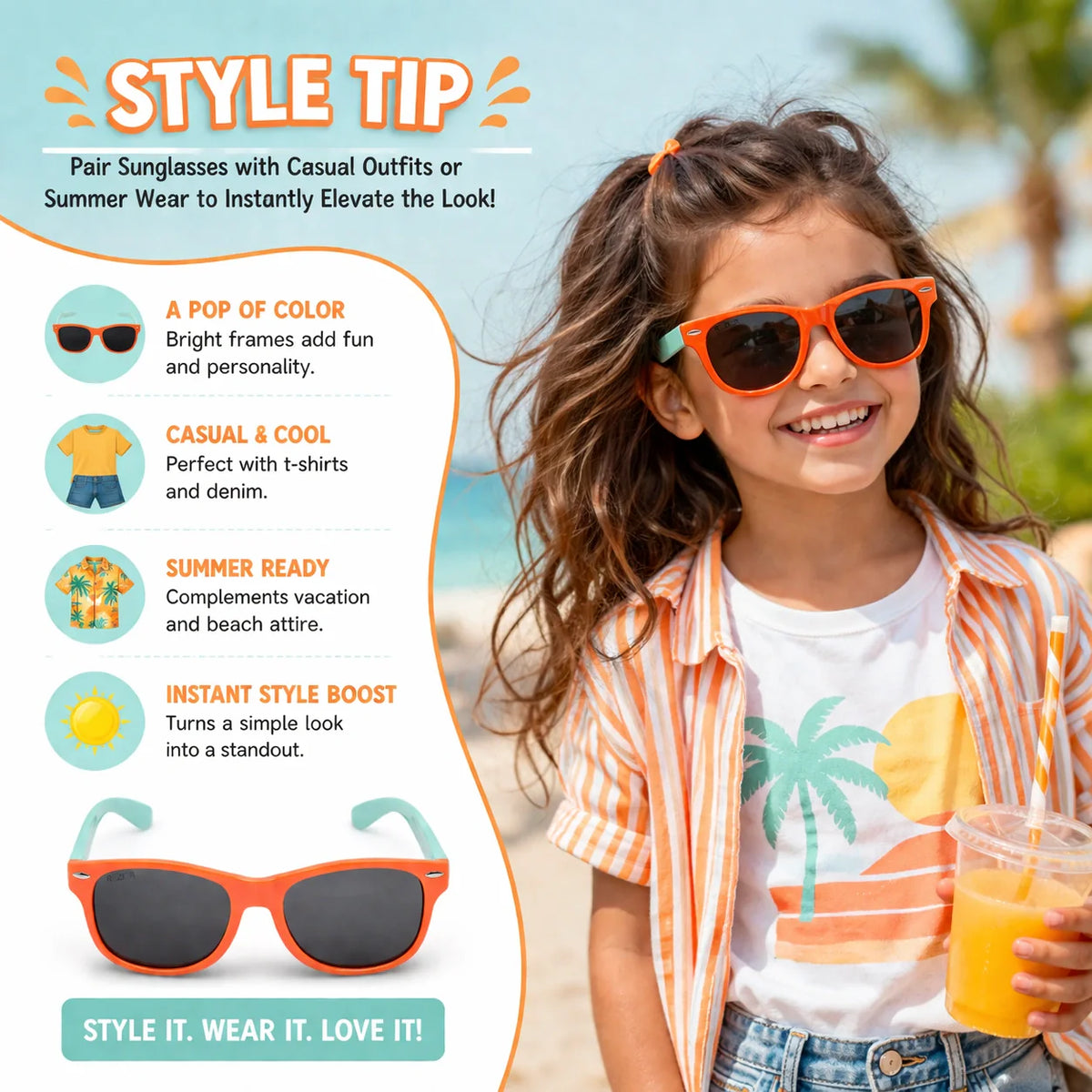 Lightweight ROZIOR rectangular polarized sunglasses for boys and girls with comfortable all-day wear.