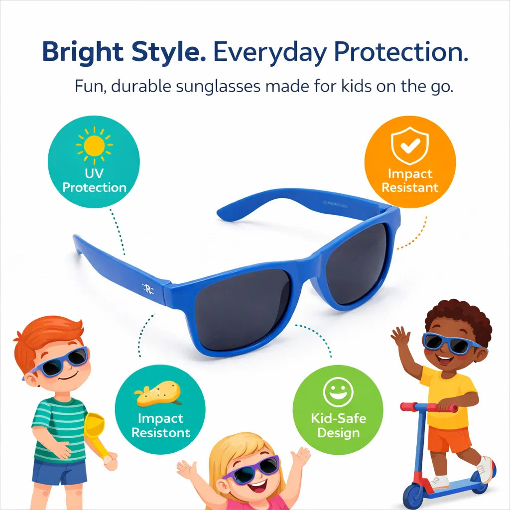 Side view of ROZIOR lightweight kids Wayfarer sunglasses with blue frame and black lenses