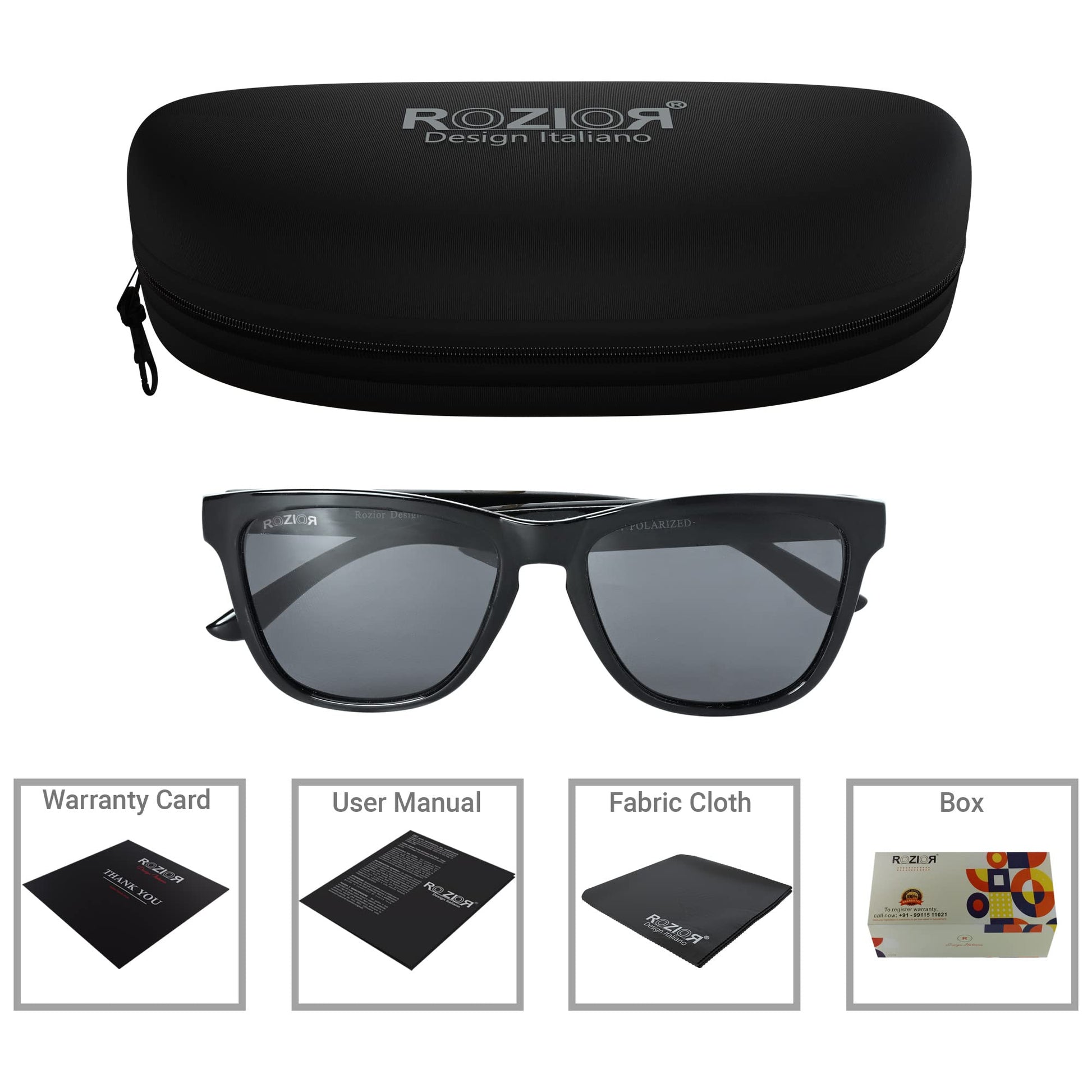 Side view of ROZIOR Classic Square medium sunglasses with black lenses and black frame