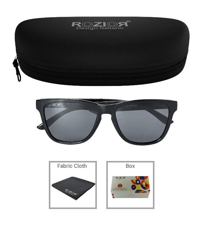 Side view of ROZIOR Classic Square medium sunglasses with black lenses and black frame