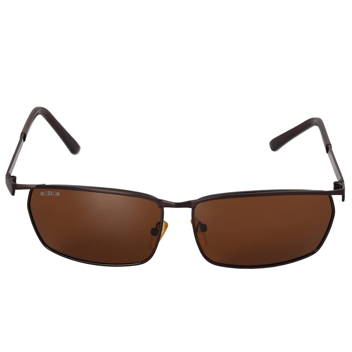 Three-quarter angle view of ROZIOR unisex sunglasses featuring a coffee frame and brown UV400 lenses