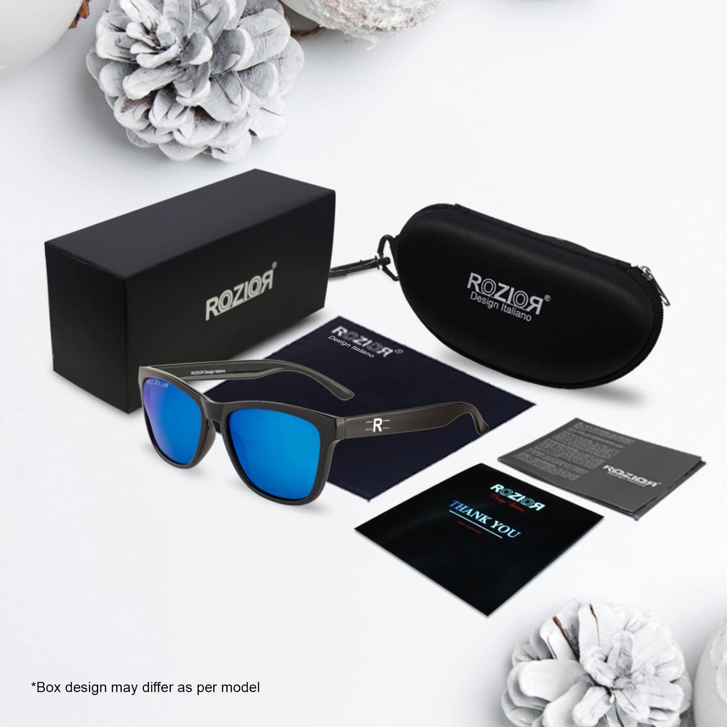 Side view of ROZIOR medium Wayfarer sunglasses with blue mirror lenses and black frame