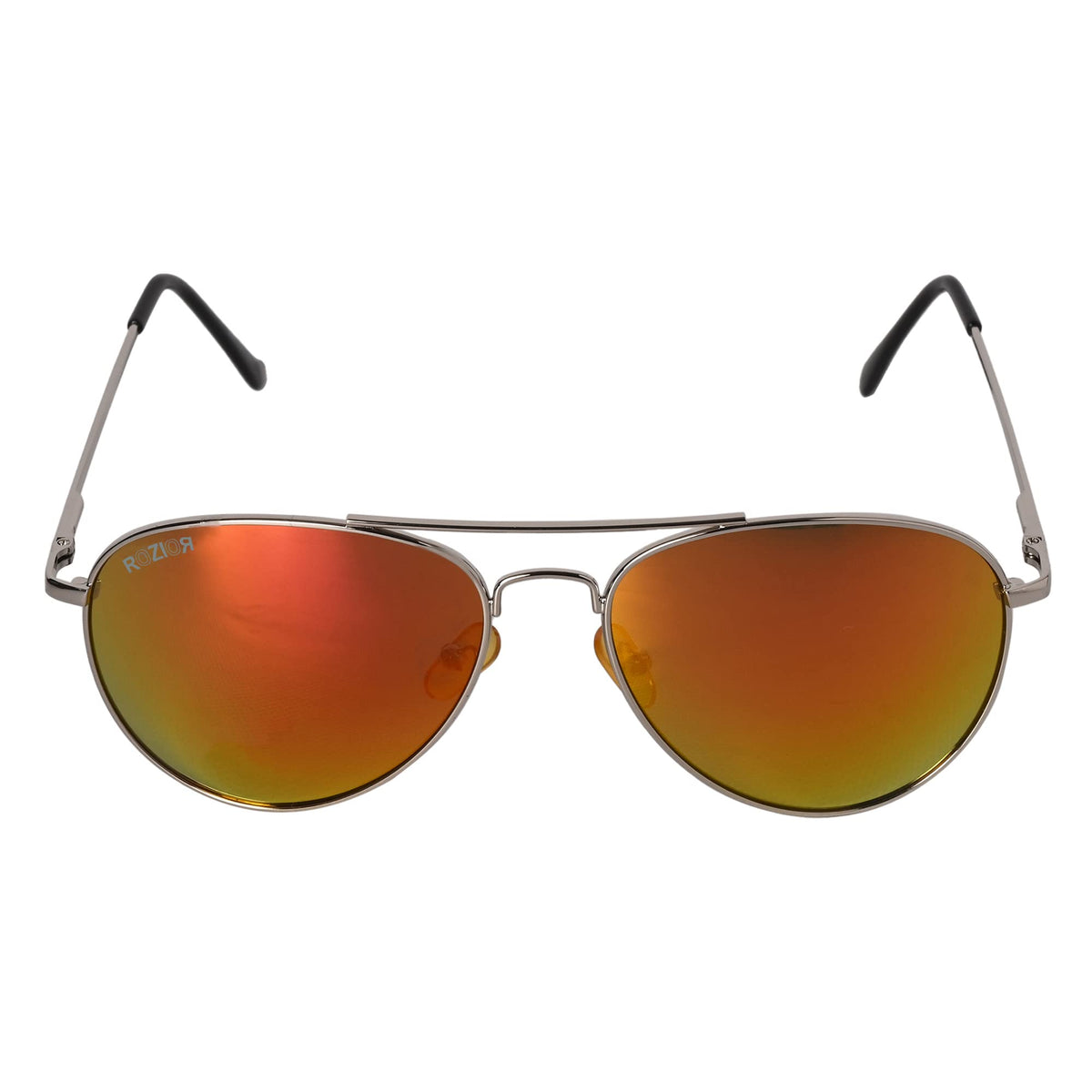 Angled view of ROZIOR aviator sunglasses with pink mirror lenses and premium silver frame