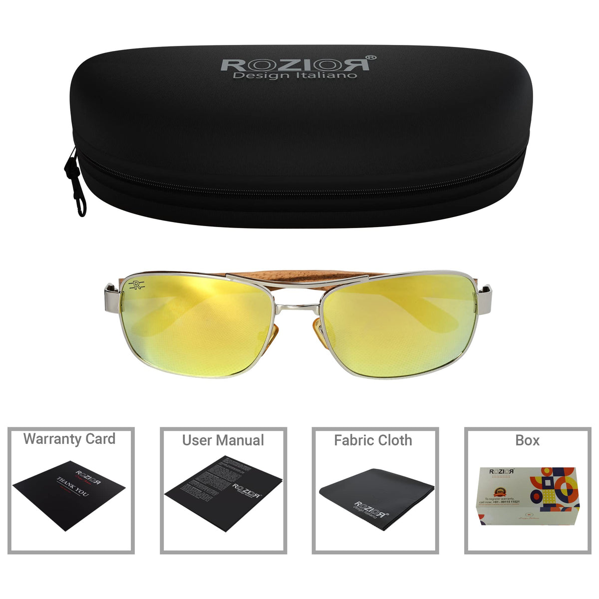 Side profile of ROZIOR unisex polarized sunglasses with UV protection gold lenses and silver frame