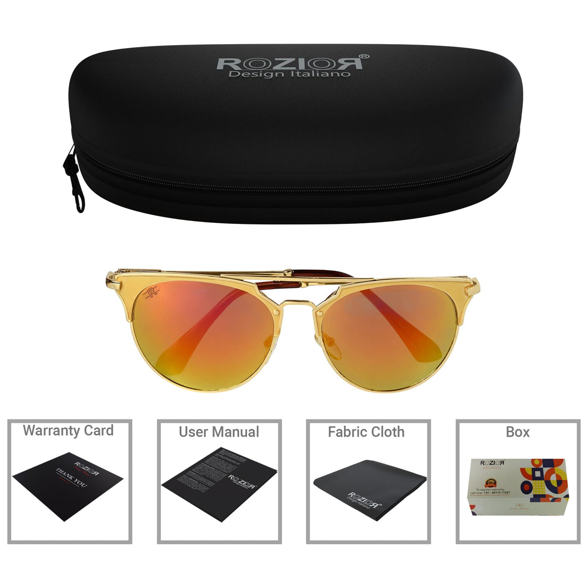 ROZIOR unisex golden aviator sunglasses with UV protection red mirror lenses for everyday outdoor wear.