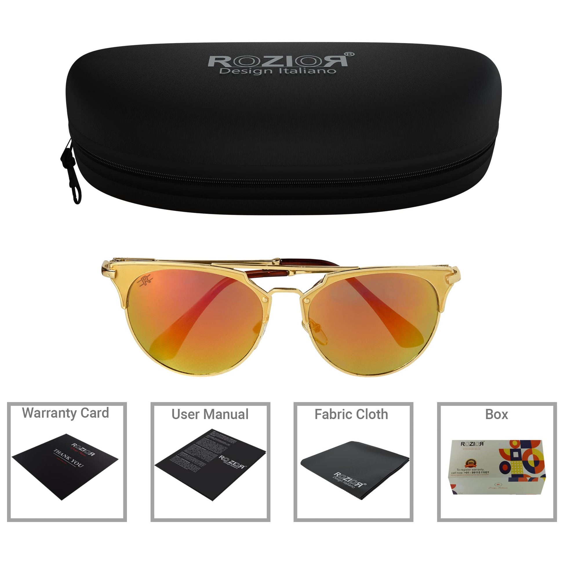 ROZIOR unisex golden aviator sunglasses with UV protection red mirror lenses for everyday outdoor wear.