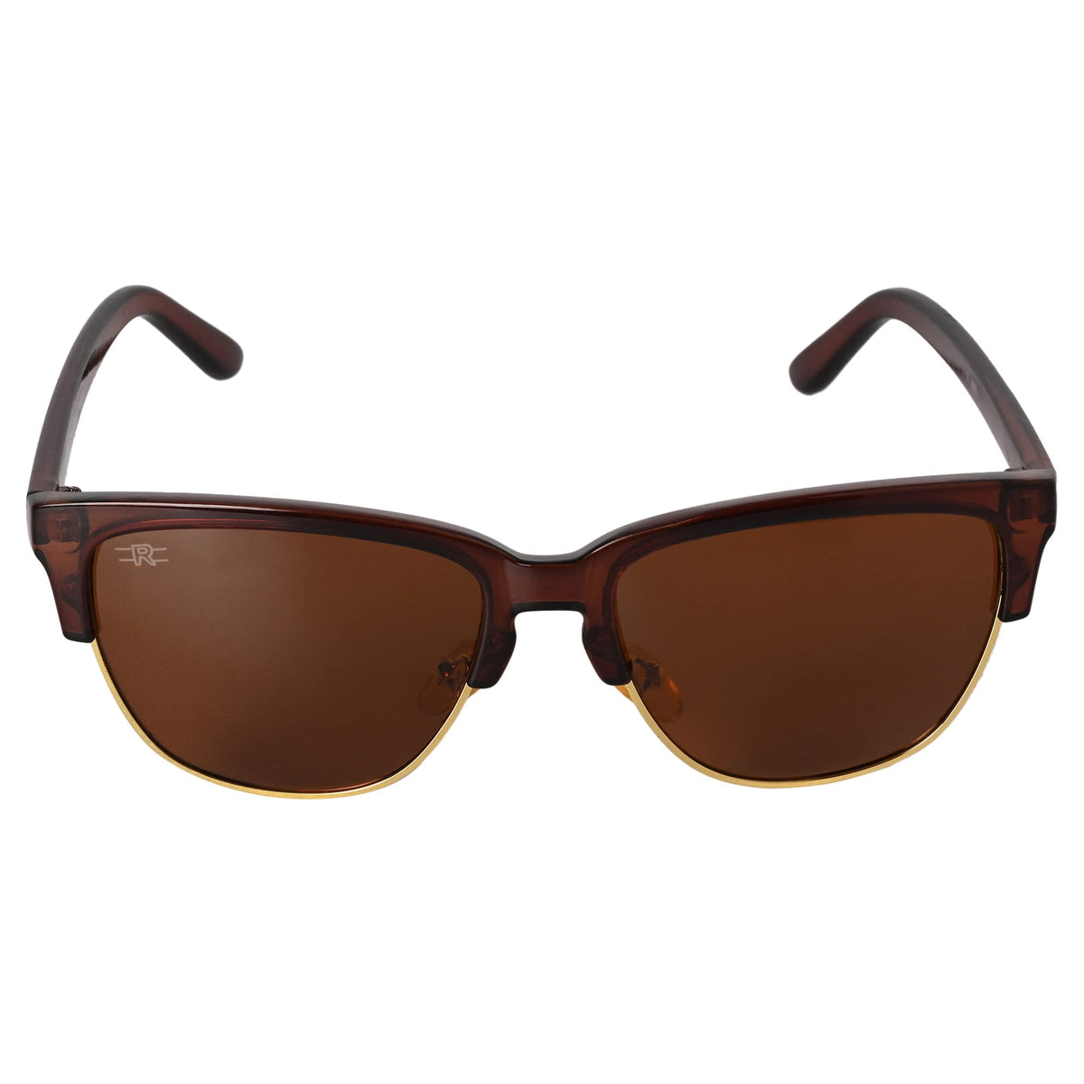 Angled view of ROZIOR round sunglasses with brown UV protection lenses and brown frame