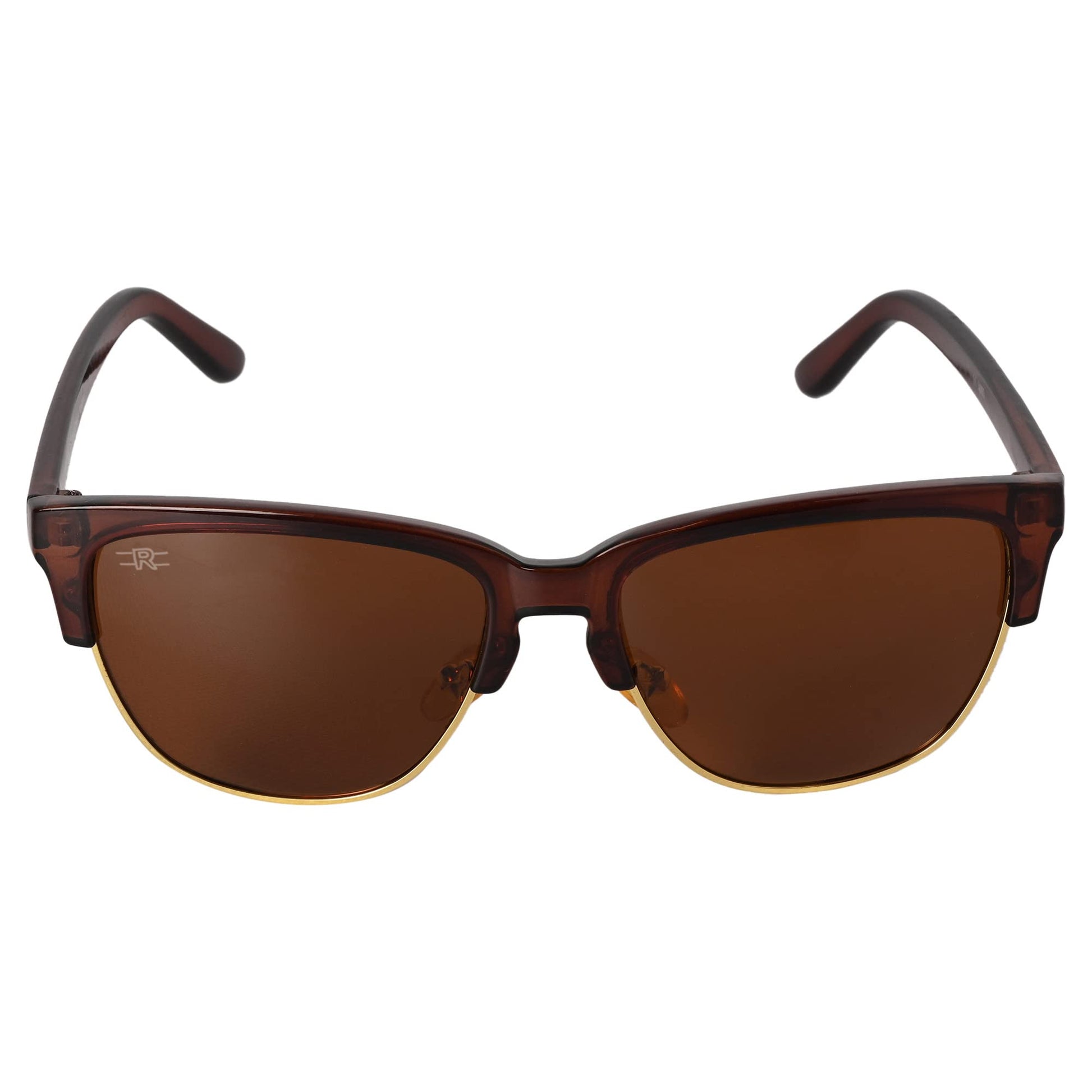 Angled view of ROZIOR round sunglasses with brown UV protection lenses and brown frame
