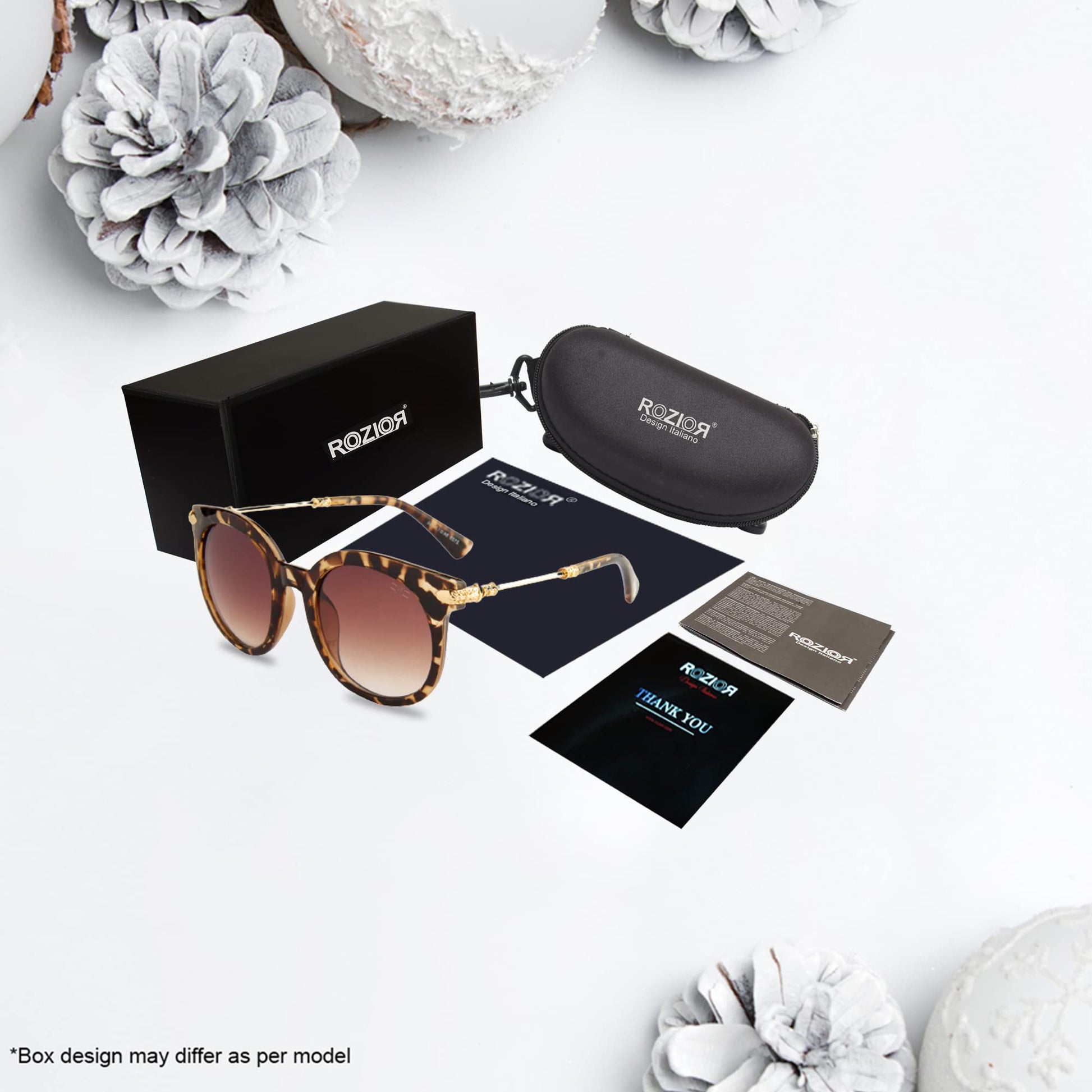 Close-up of ROZIOR round sunglasses showcasing premium brown UV400 lenses and tortoise frame