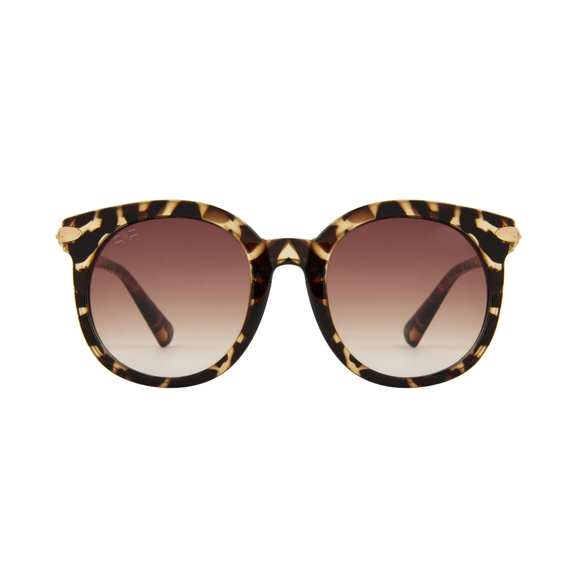 Angled view of ROZIOR round sunglasses featuring a tortoise frame and brown UV400 lenses for men and women