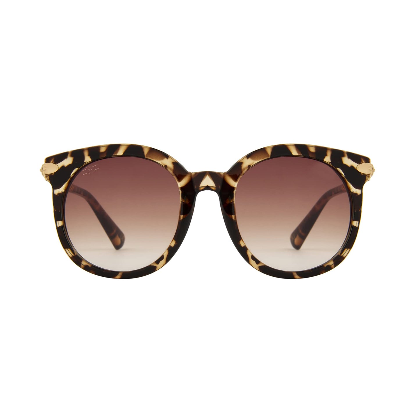 Angled view of ROZIOR round sunglasses featuring a tortoise frame and brown UV400 lenses for men and women