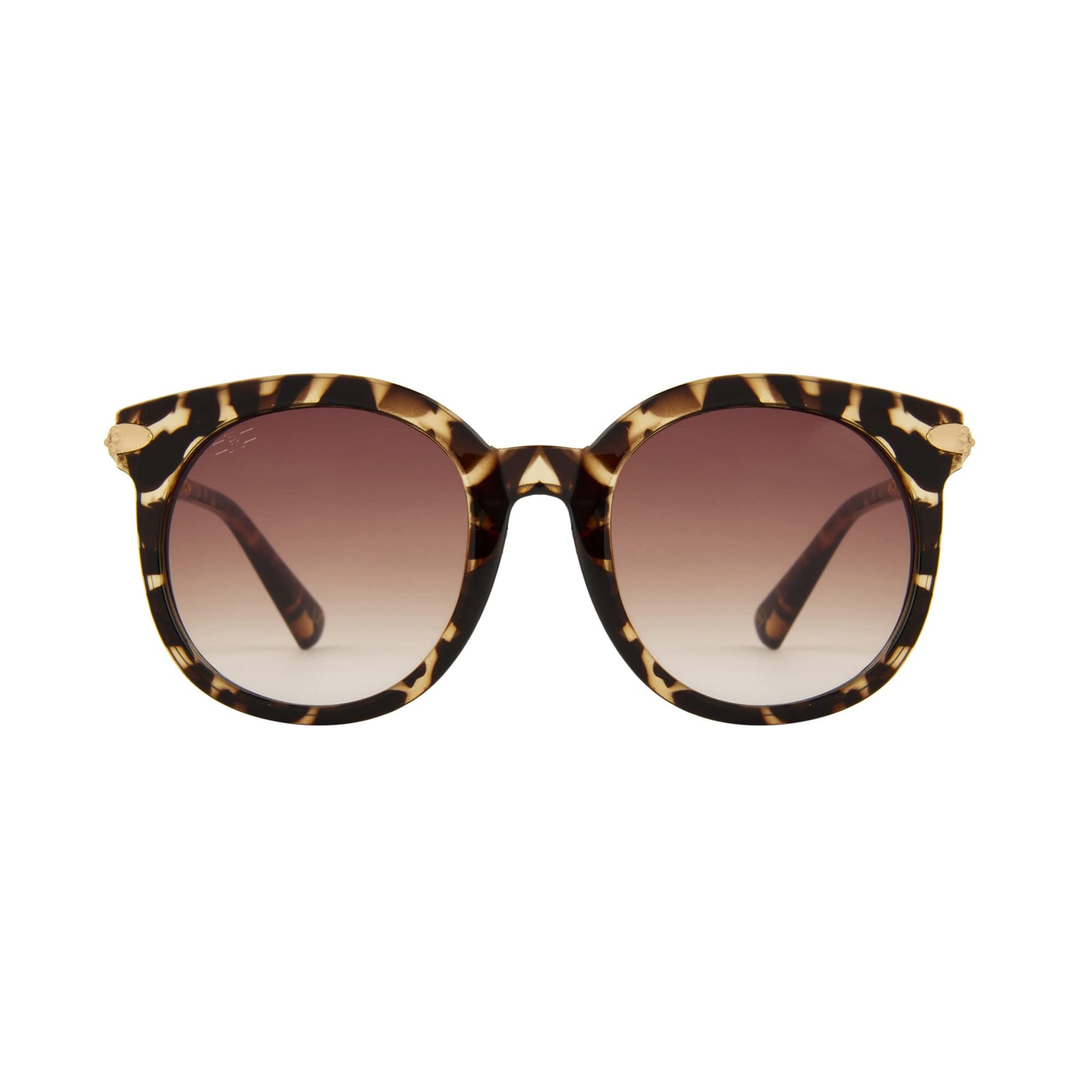 Angled view of ROZIOR round sunglasses featuring a tortoise frame and brown UV400 lenses for men and women