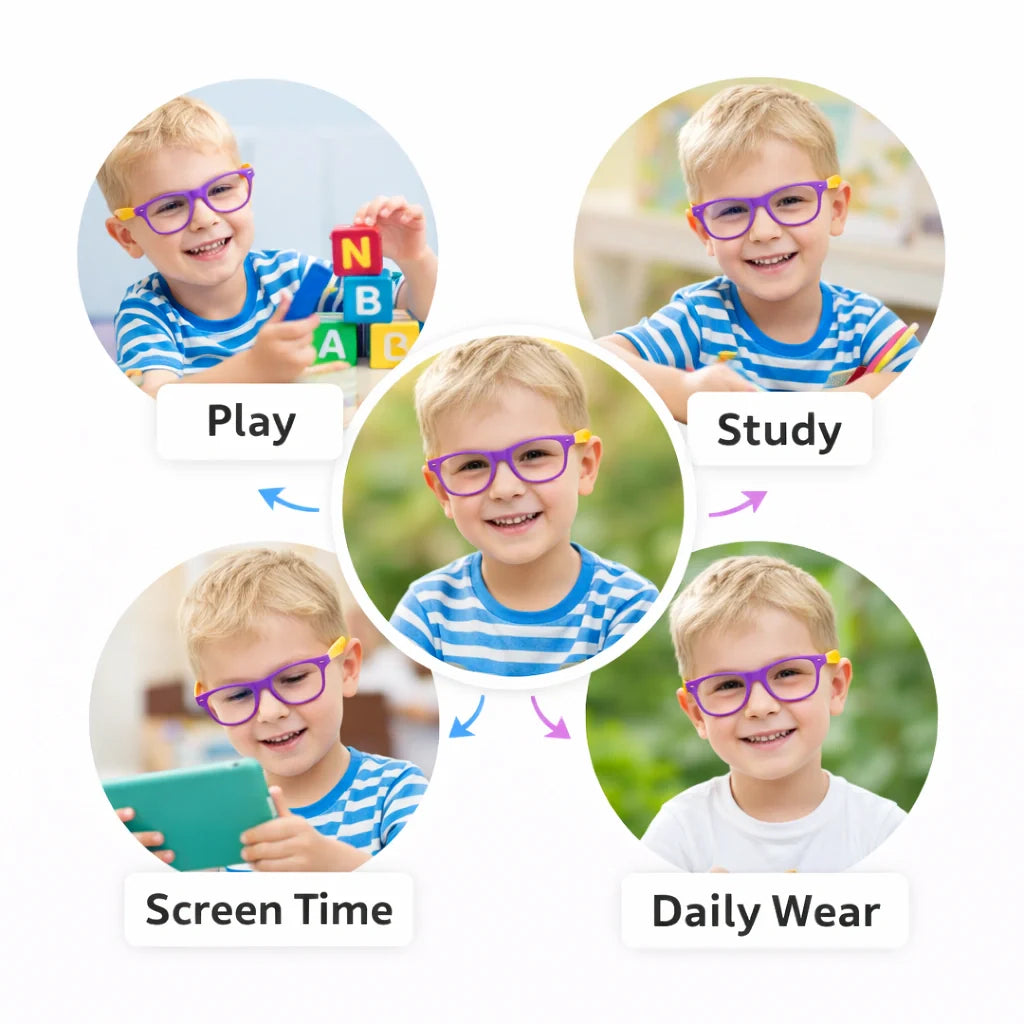 Side view of ROZIOR Kids Blue Light Blocking Glasses with lightweight anti-glare frame for comfortable daily wear.