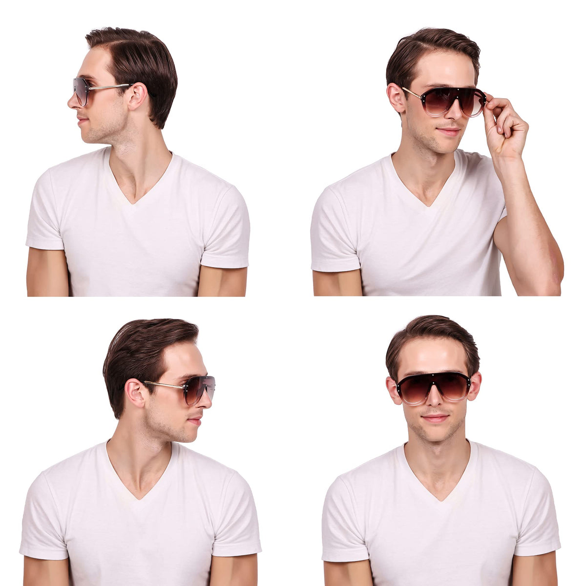 Close-up of ROZIOR RSU15932C4 golden metal frame sunglasses with tea-colored UV protection lenses.